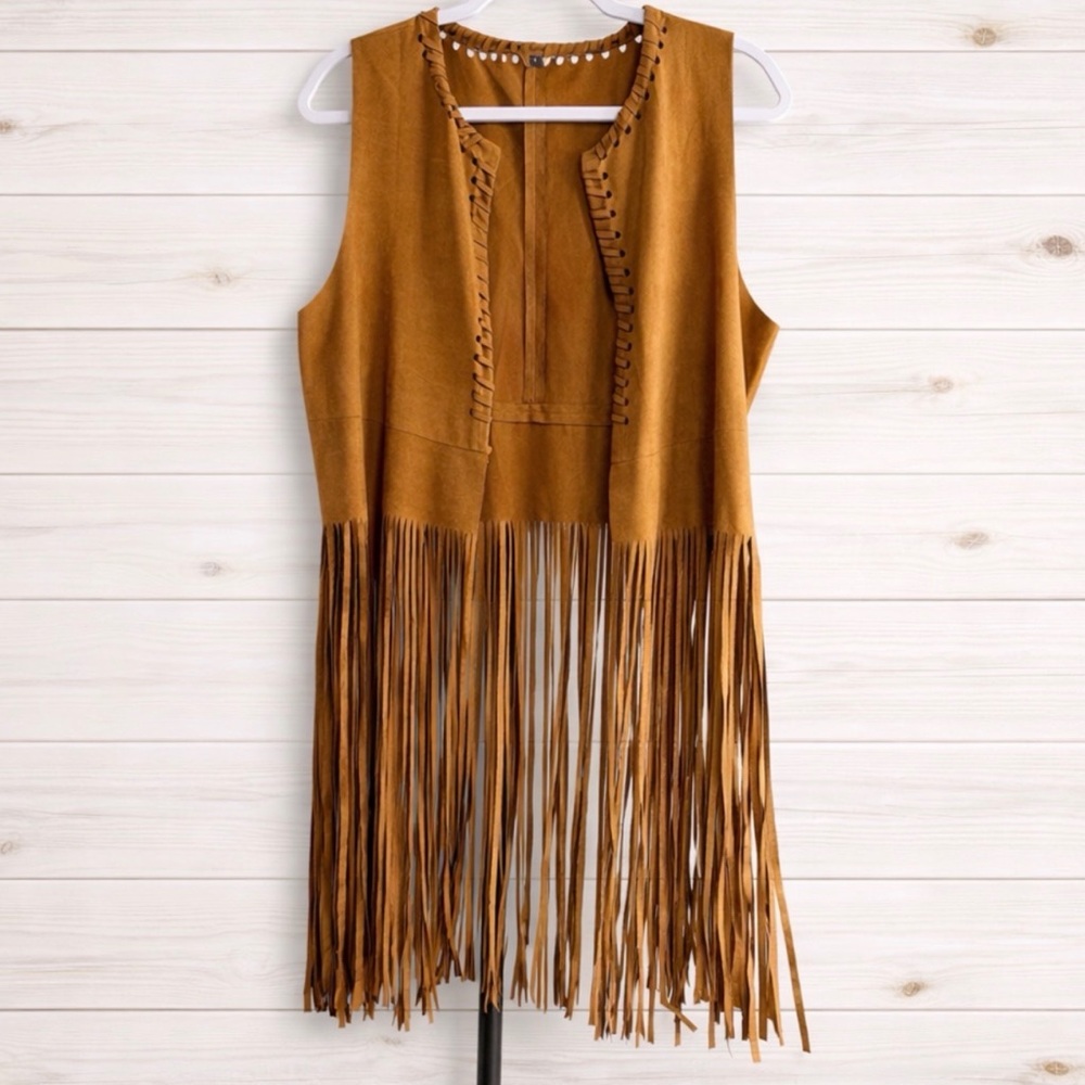 Boho Faux Suede Camel Long Fringe Western Festival Duster ~ Size Large - Picture 7 of 16